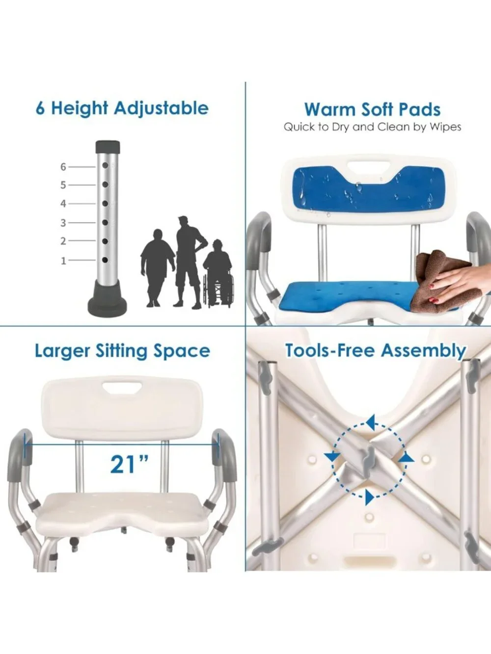 Heavy Duty Shower Chair with Arms & Back, 330lbs Capacity, Tool-Free Assembly